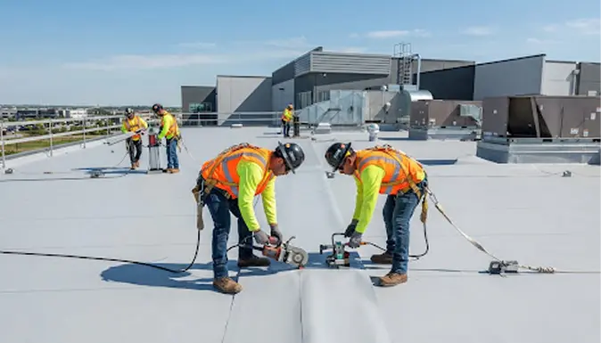 Roofing team installing a flat roof membrane